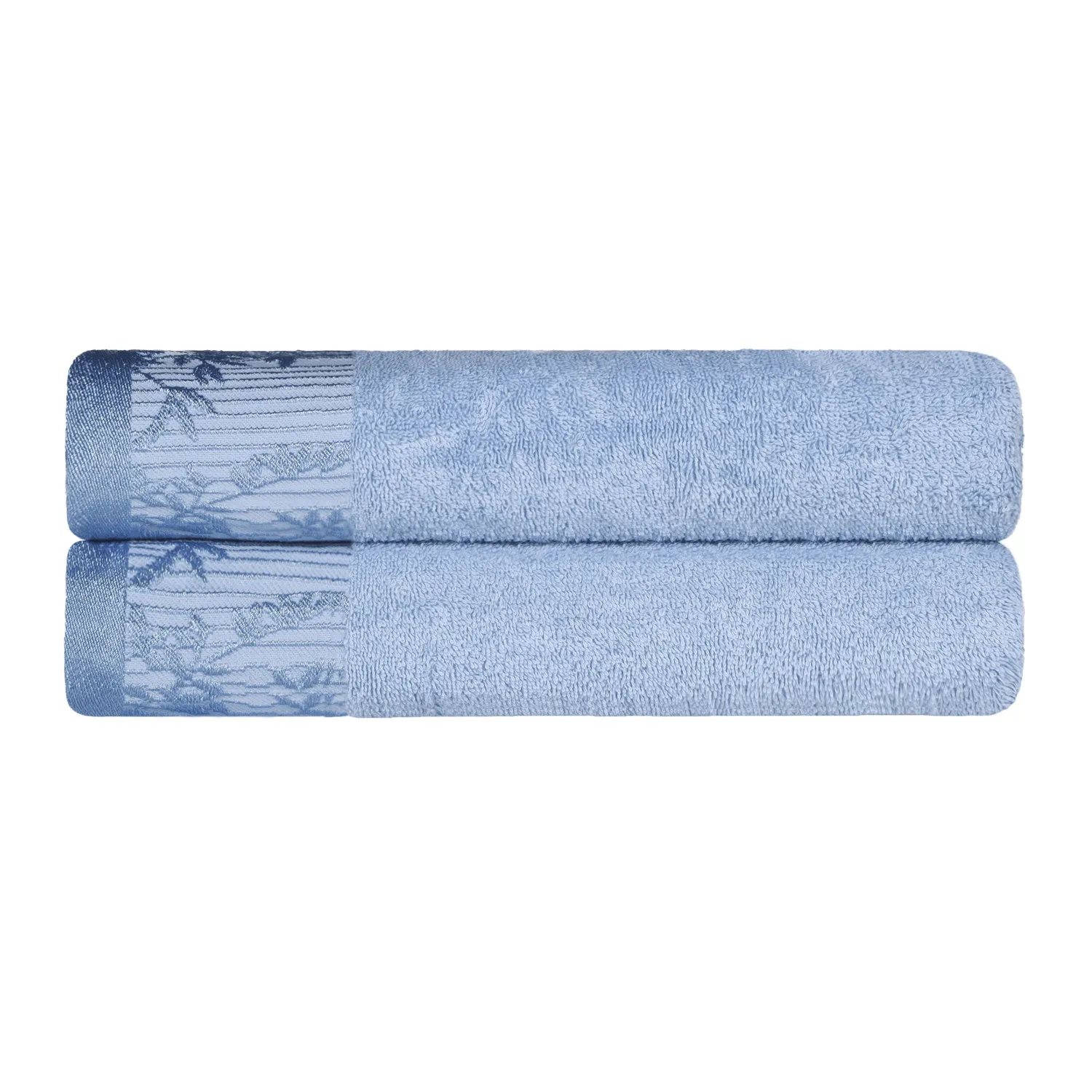 Floral Border Cotton Bath Towel Set Of 2 Light Blue