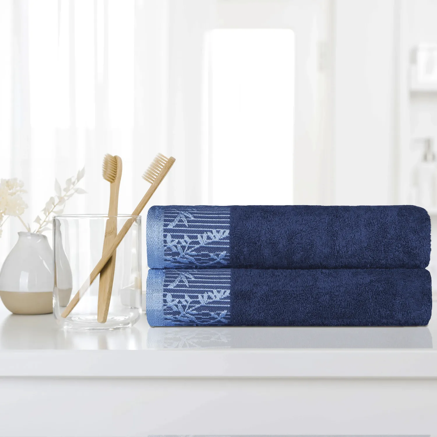 Floral Border Cotton Bath Towel Set Of 2 Navy Blue Towels