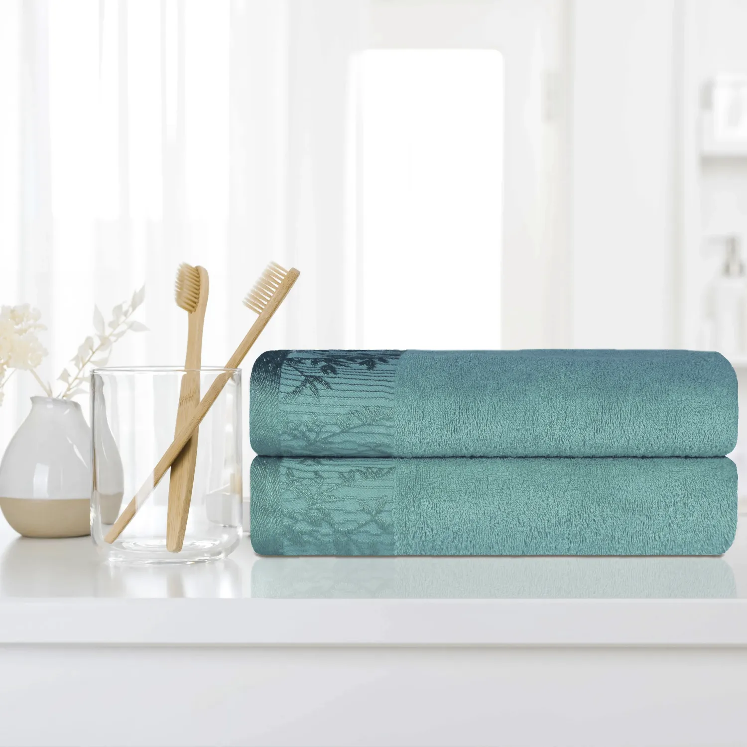 Floral Border Cotton Bath Towel Set Of 2 Turquoise Towels