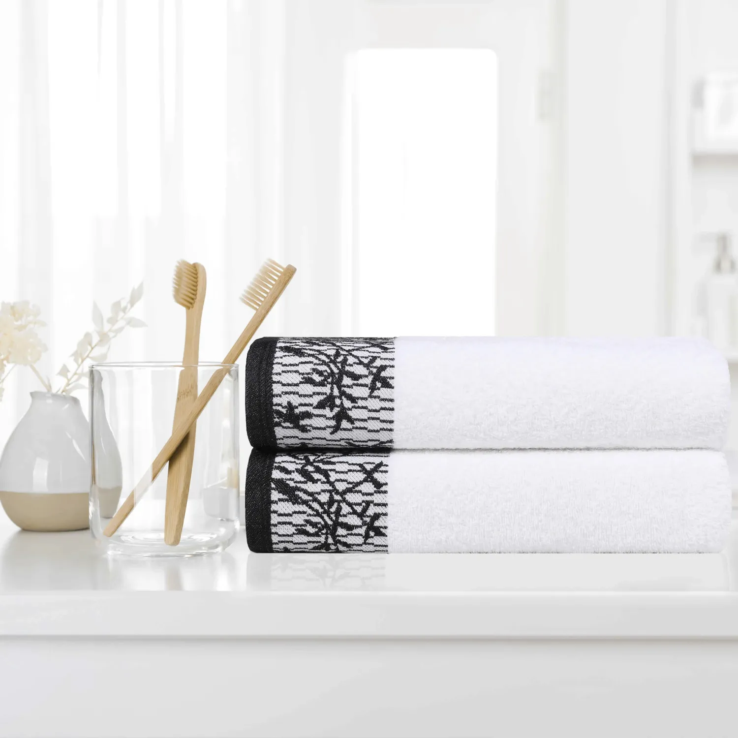 Floral Border Cotton Bath Towel Set Of 2 White Black Towels