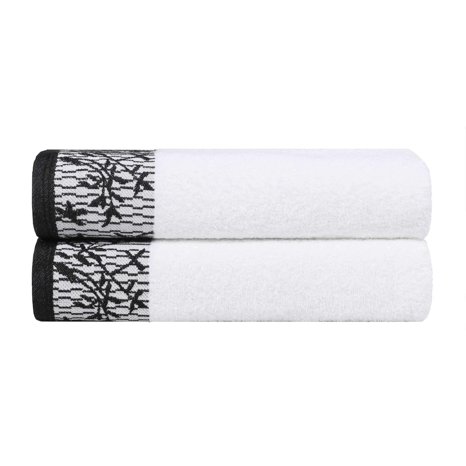 Floral Border Cotton Bath Towel Set Of 2 White Black