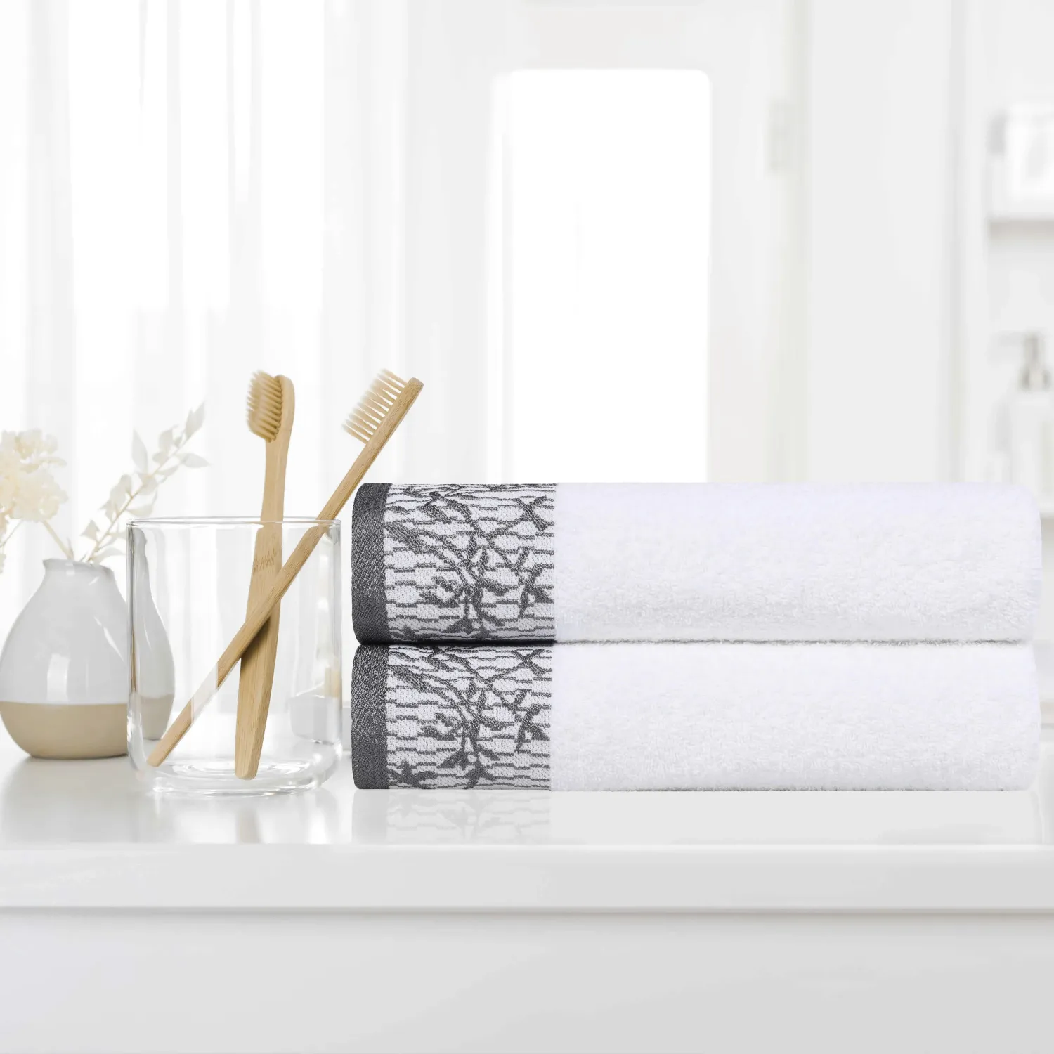 Floral Border Cotton Bath Towel Set Of 2 White Grey Towels