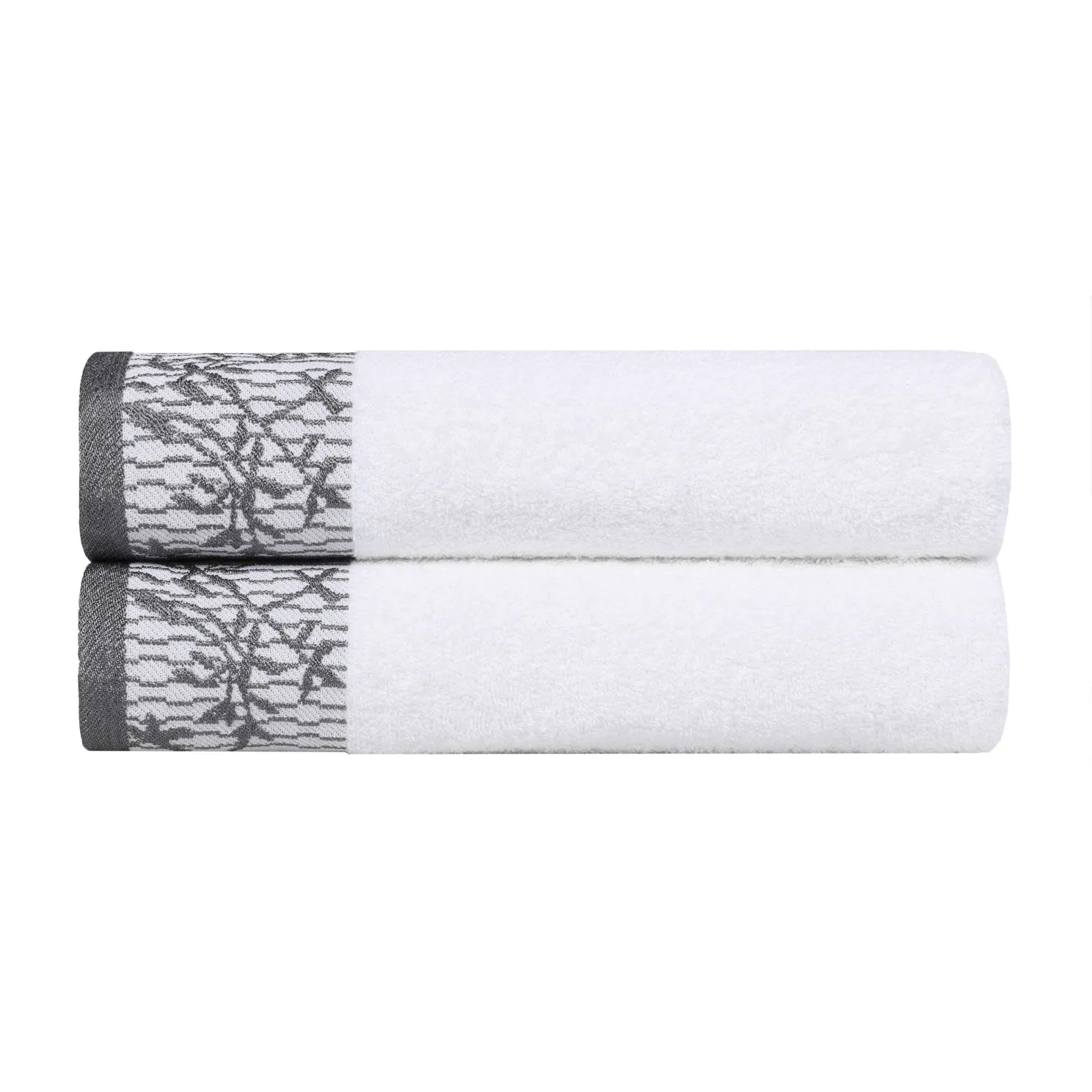 Floral Border Cotton Bath Towel Set Of 2 White Grey