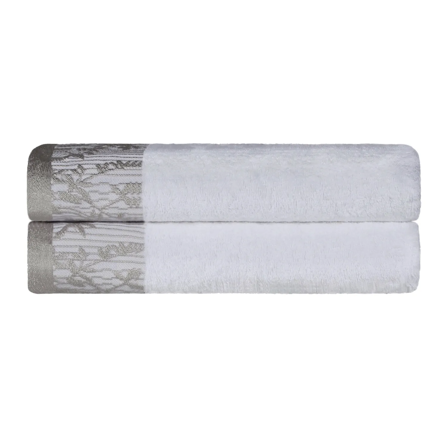 Floral Border Cotton Bath Towel Set Of 2 White Silver