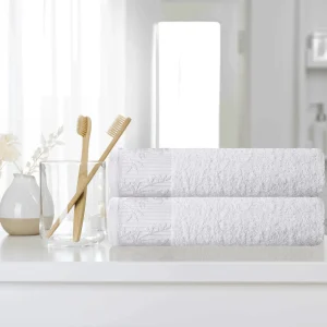 Floral Border Cotton Bath Towel Set Of 2 White Towels